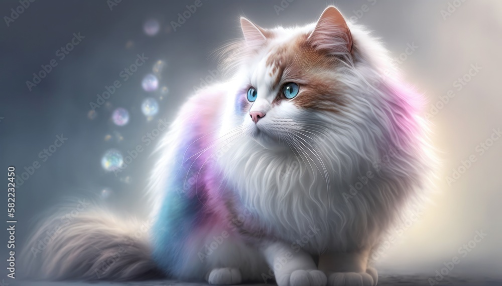 Manx Cat Medium Shot White Pink Blue Magical Fantasy Bokeh. Generative AI