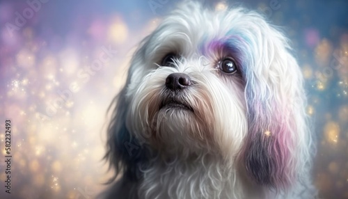 Lowchen Dog Medium Shot White Pink Blue Magical Fantasy Bokeh. Generative AI