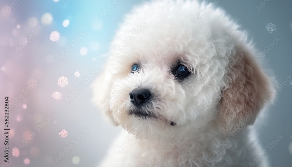 Bichon Frise Dog Medium Shot White Pink Blue Magical Fantasy Bokeh. Generative AI