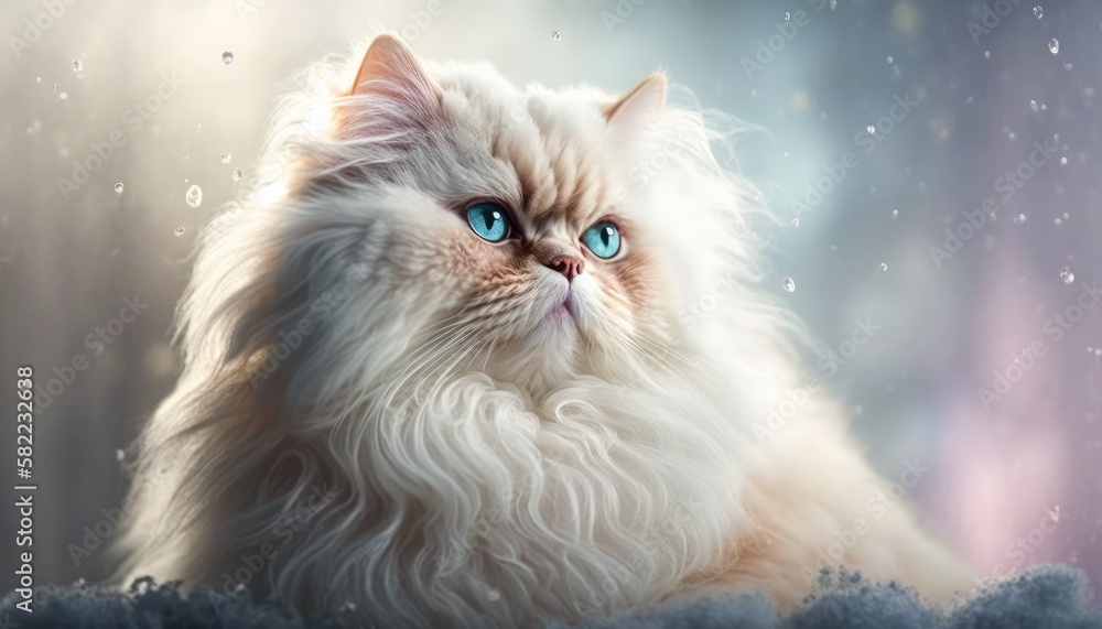Persian Cat Medium Shot White Pink Blue Magical Fantasy Bokeh. Generative AI