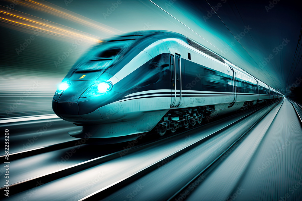 blue high speed train with blur effect, Generative AI