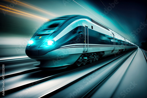 blue high speed train with blur effect, Generative AI