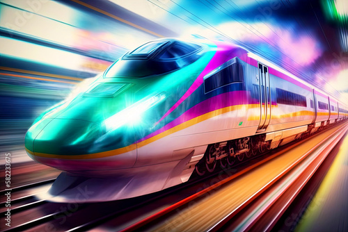 Colorful High speed train with motion blur effect, Generative AI