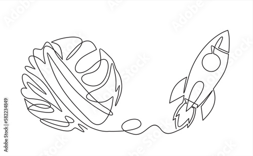 Chaos and rocket spaceship, abstract minimalist concept vector illustration. Metaphor of disorganized difficult problem found solution, mess with single continuous tangle thread in need of unraveling.