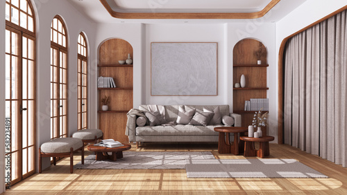 Modern wooden living room with parquet and arched windows. Fabric sofa, carpets and armchairs in white and beige tones. Boho style interior design