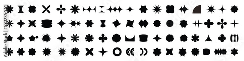 Futuristic retro vector minimalistic shape. Y2K Vector. Retrofuturistic Y2K graphic icons. Collection of different graphic elements, star, shapes, spheres, icons, frame, graphic design, poster.