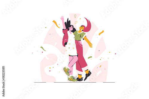 Cartoon happy characters celebrate in confetti. Happy jumping girls with falling confetti. Fun, birthday party. Friends celebrating event. Friendly dance party. Dancing People Vector Illustration.