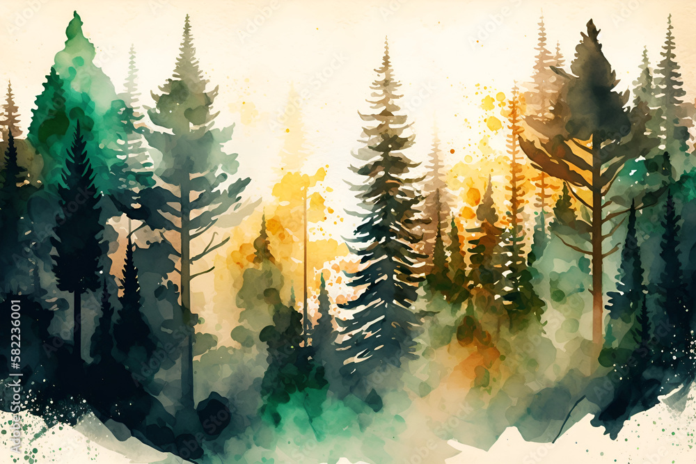 Watercolor painting of an amazing forest with big trees. Generated by ...
