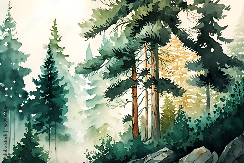 Watercolor painting of an amazing forest with big trees. Generated by ...
