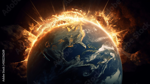 armageddon, apocalypse, nuclear war, explosion, explode, fire, flame, nuke, earth, planet, globe, space, world, map, global, blue, sphere, night, 3d, sun, universe, astronomy, generative, ai