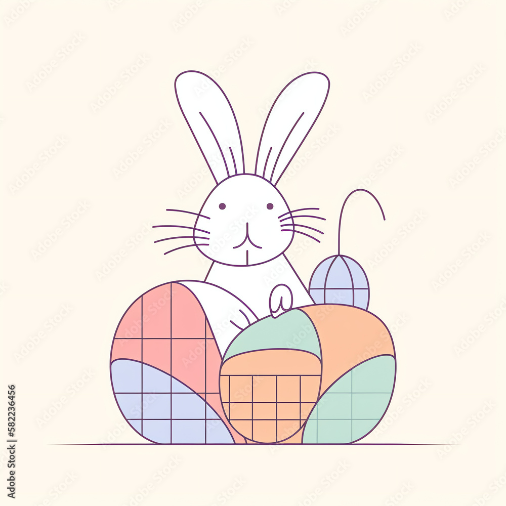 Whimsical Easter Illustration: Minimalist Line Art of a Stylized Bunny and Its Basket of Eggs Whimsical Easter Illustration: Minimalist Line Art of a Stylized Bunny and Its Basket of Eggs