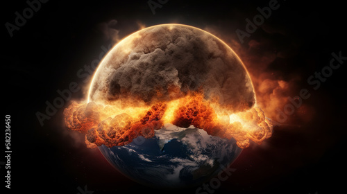 armageddon, apocalypse, nuclear war, explosion, explode, fire, flame, nuke, earth, planet, globe, space, world, map, global, blue, sphere, night, 3d, sun, universe, astronomy, generative, ai