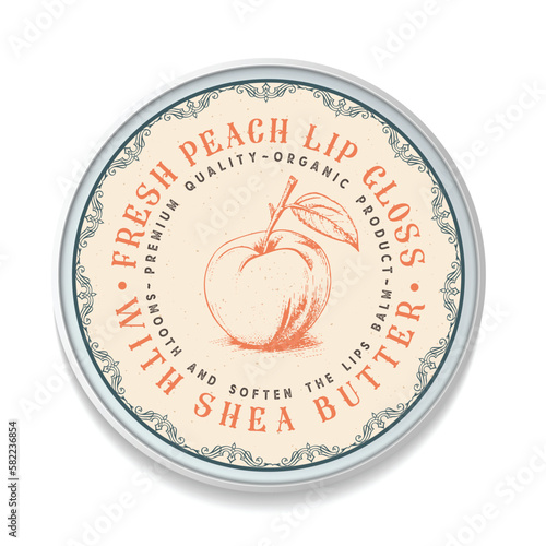 Peach Lips Balm Vintage label packaging design, round shape. Great for package, tags, stickers, etc. Perfect for your business. Simple style. Flat design.