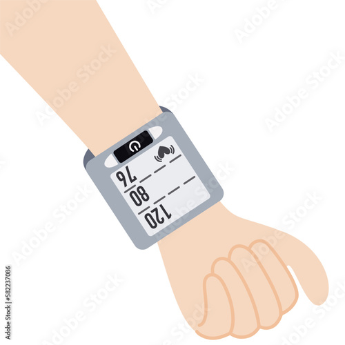 Blood pressure monitor on the wrist.Hand with wrist tonometer.Cuff measuring arterial blood pressure.World heart day.World hypertension day photo