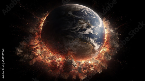 armageddon, apocalypse, nuclear war, explosion, explode, fire, flame, nuke, earth, planet, globe, space, world, map, global, blue, sphere, night, 3d, sun, universe, astronomy, generative, ai