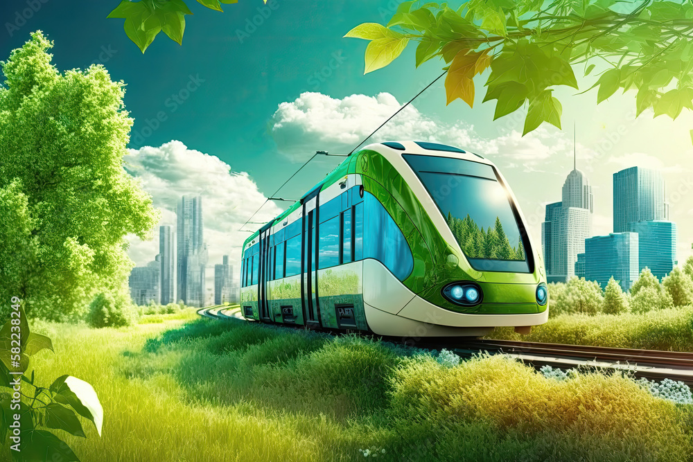 Eco friendly train, clear ecology. Generative AI - obrazy, fototapety, plakaty 