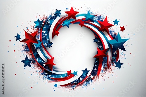 4th of July or Memorial Day image. Light background with red white and blue stars that create a border around the image, 3d vector, 3d imaging, and blank frame for product display or mock-up. photo