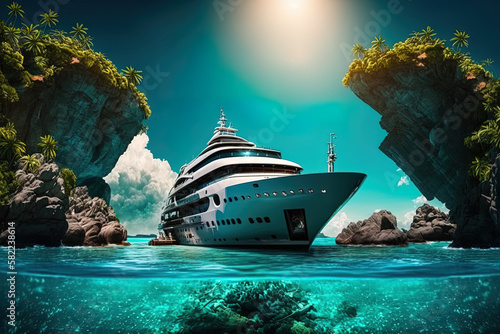 Eine Luxus Yacht auf dem Meer mit tropischen Felsen ,Generative AI