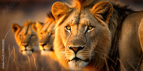 African lions - fierce predators stalking through the grasslands- Generative AI