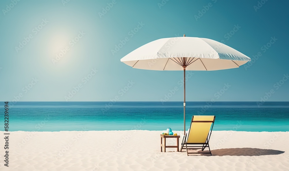  a chair and umbrella on a beach with the sun shining over the water and the ocean in the background, with a bright blue sky.  generative ai