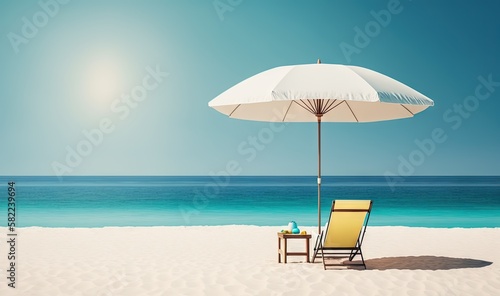  a chair and umbrella on a beach with the sun shining over the water and the ocean in the background, with a bright blue sky. generative ai