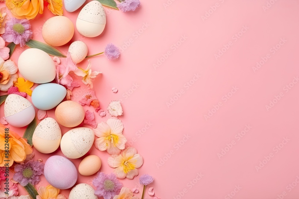 Easter border frame of colorful Easter eggs and spring flowers with copy space in the middle and pink rosa background - Generative AI