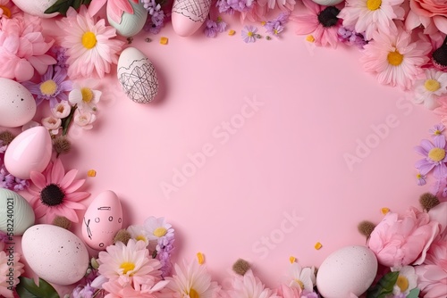 Easter border frame of colorful Easter eggs and spring flowers with copy space in the middle and pink rosa background - Generative AI