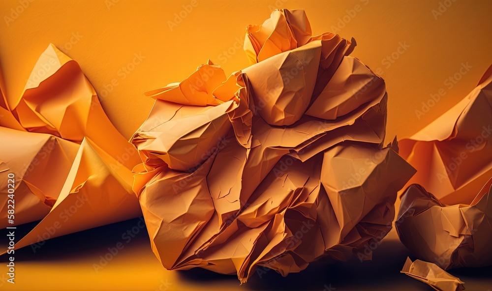 a pile of crumpled paper sitting on top of a yellow tablecloth covered table top next to a pile of folded up paper balls and a yellow wall. generative ai a pile of crumpled paper sitting on top of a yellow tablecloth covered table top next to a pile of folded up paper balls and a yellow wall. generative ai