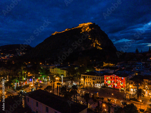 Aerial view of Palamidi castle in Nafplio at christmas night photo