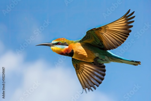 Panoramic photo of a bee eater flying in the sky, beautiful colorful bird over blue sky background, migration of exotic birds. Generative AI