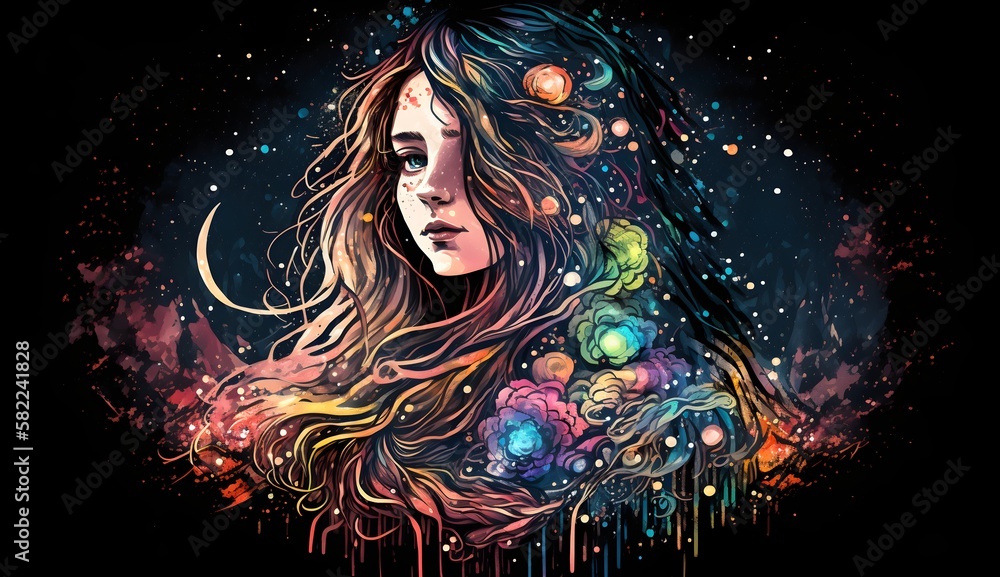 Girl with long hair surrounded by the universe. Illustration in cosmic style created with generative ai. Girl with long hair surrounded by the universe. Illustration in cosmic style created with generative ai.