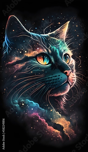 Cosmic cat staring into the night sky. Created with generative ai. © Andreas