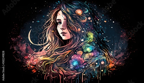 Girl with long hair surrounded by the universe. Illustration in cosmic style created with generative ai.