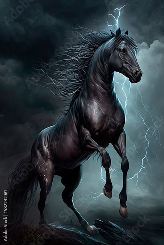 A horse that stands on its hind legs. Storm. Lightning. Generative AI