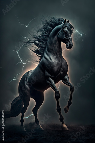 A horse that stands on its hind legs. Storm. Lightning. Generative AI © Oleksandr