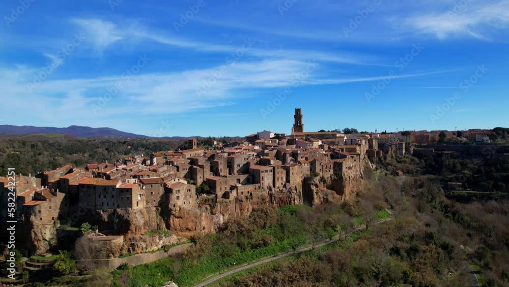 Italy, Tuscany travel. Ancient etruscan city Pitigliano. aerial drone high angle view of old town Italy, Tuscany travel. Ancient etruscan city Pitigliano. aerial drone high angle view of old town