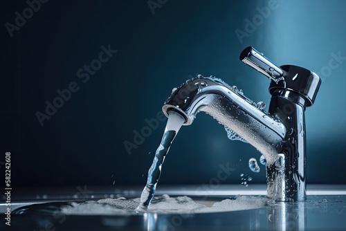 running water from a mixer tap against a blue background. Generative AI photo