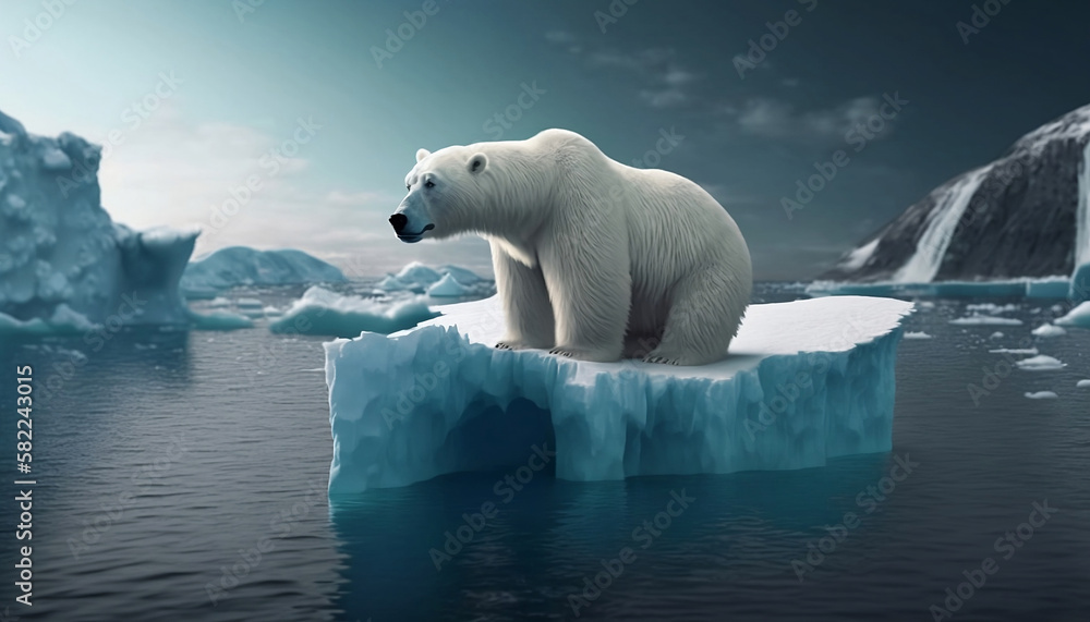  White polar bear sad about global warming and melting glaciers. Climate problem. Pollution concept. Climate warming. Ai generatives.