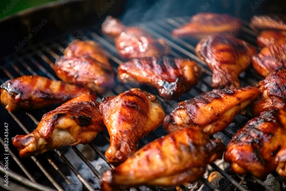 Grilled chicken wings on grill grate with fire. Close-up view. Summer picnic outdoors. Created with Generative AI technology.