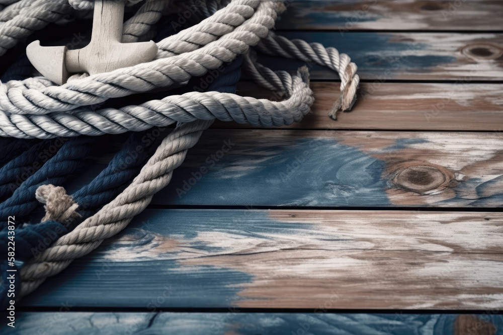 Nautical background with ropes on a weathered deck. Travel and adventure concept. Created with Generative AI technology.
