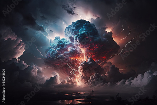 Dramatic Storm clouds with lightning strikes and dark atmosphere. Giant Storm with heavy dark skies and thunferstorm lightning strikes. Ai generated