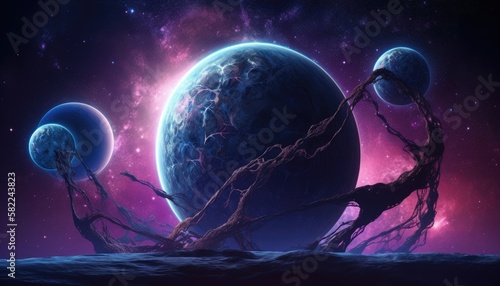 Blue planet with three moons covered with purple luminous organic web