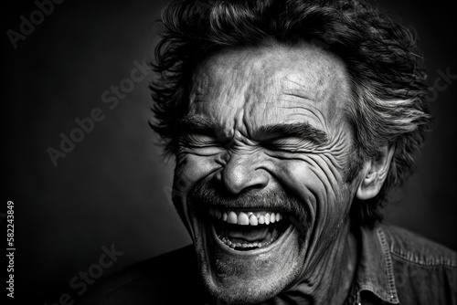 portrait of an man, Black and white portrait of a mature man laughing, image created with ia