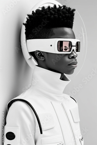 portrait of a person, illustration of young african american boy with white futuristic suit and glasses, image created with ia