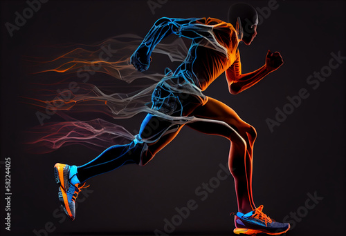 Sport Runner , Side profile view of sporty energetic serious healthy dynamic , Side view of a jogger legs with the power in the veins isolated. Generate Ai