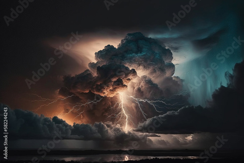 Dramatic Storm clouds with lightning strikes and dark atmosphere. Giant Storm with heavy dark skies and thunferstorm lightning strikes. Ai generated