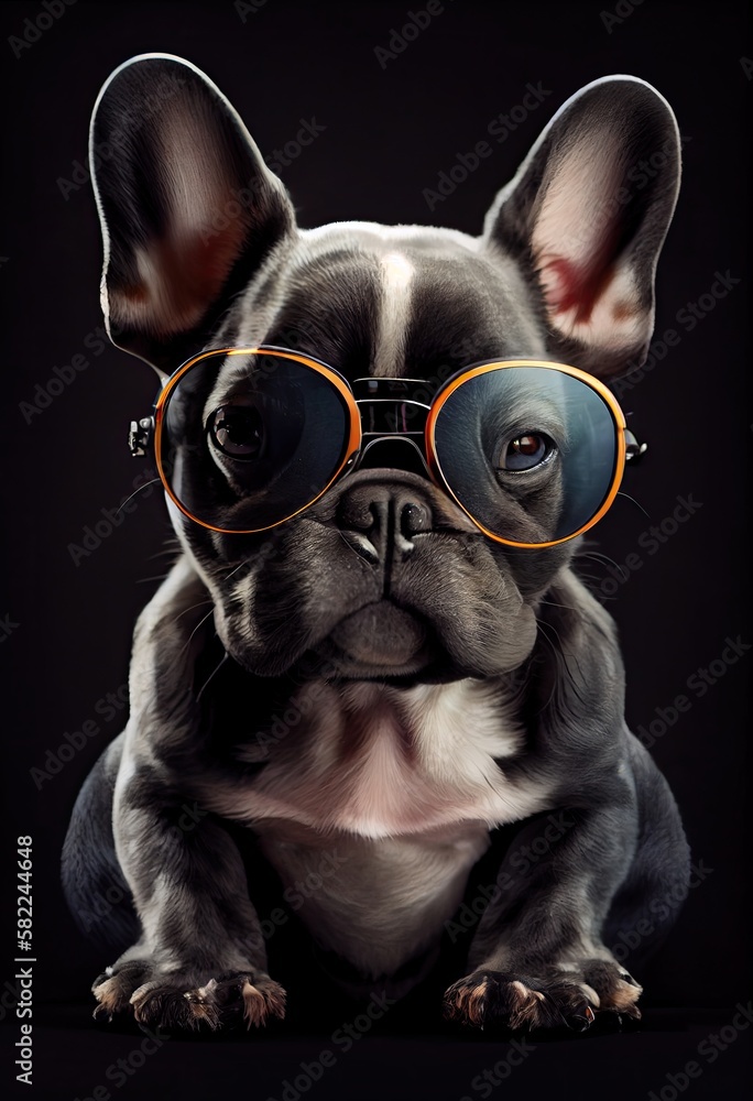 Frenchie puppy with aviator glasses, slight neon essence to fur. Generative AI
