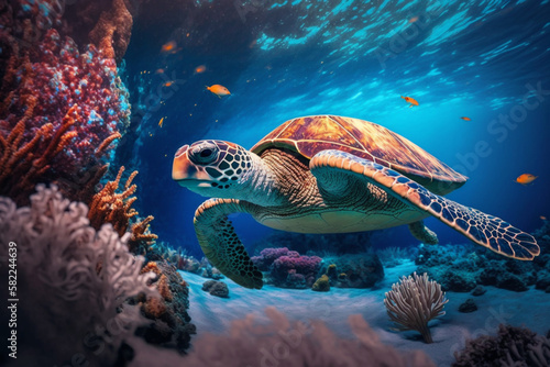 Sea turtle swimming in the under sea   Beautiful Underwater and colorfull coral in wild nature of the Pacific Ocean. Generate Ai