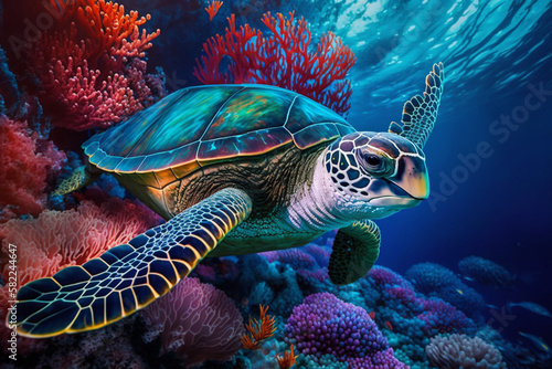 Sea turtle swimming in the under sea   Beautiful Underwater and colorfull coral in wild nature of the Pacific Ocean. Generate Ai