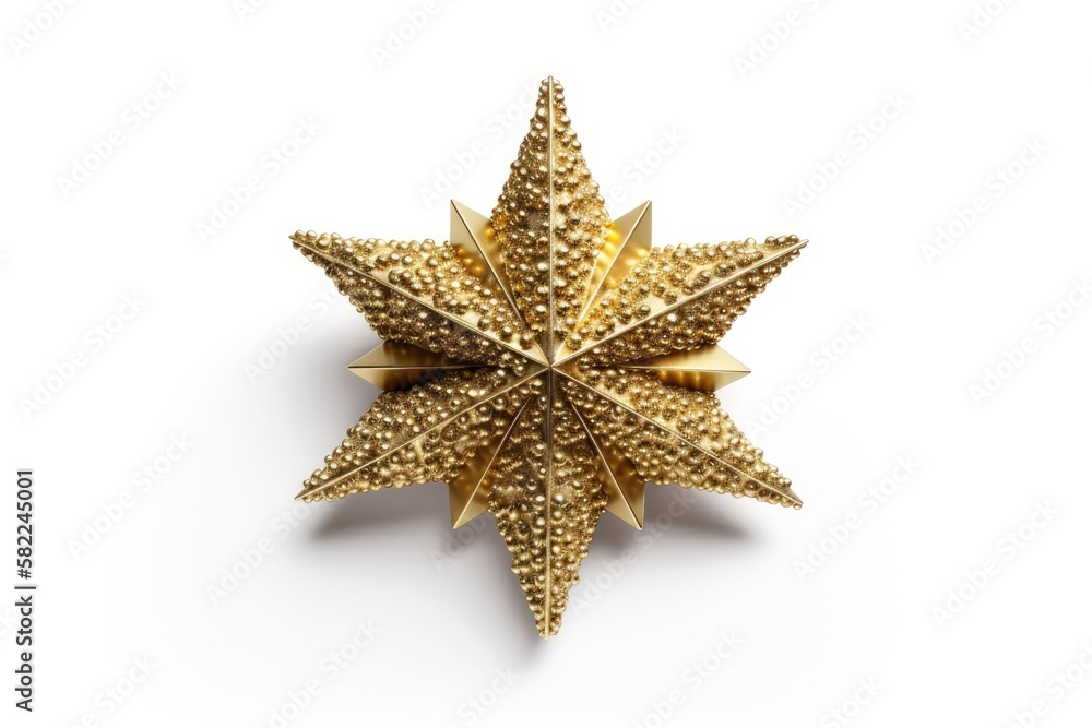 Golden Christmas Star isolated on white Background. Top View Close Up Gold Star render (isolated on white and clipping path). Generative AI Golden Christmas Star isolated on white Background. Top View Close Up Gold Star render (isolated on white and clipping path). Generative AI